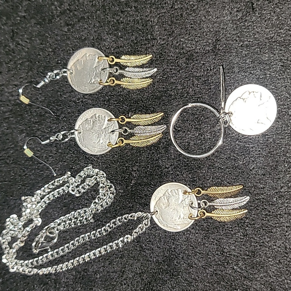 Dream Catcher Indian Head Buffalo Coin Western Earrings Necklace Keychain Set